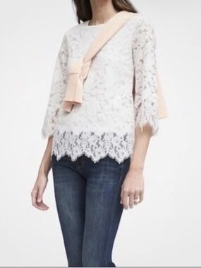 Banana Republic White Lace Peplum Blouse with Soft Pink Accent